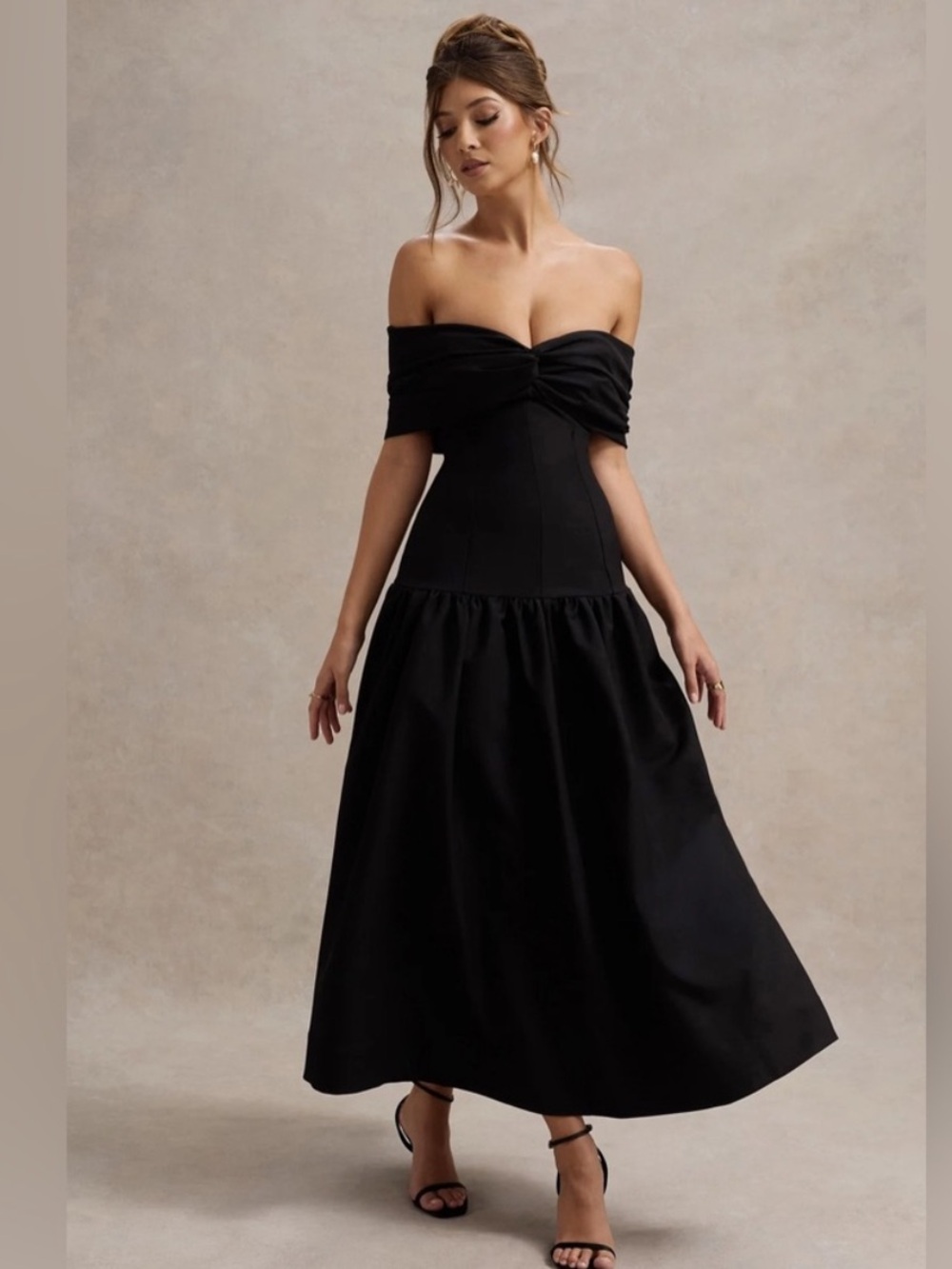 Club L London Marguerite Black Twisted Bardot Drop-Waist Maxi Dress 6 NWT - Picture 5 of 15